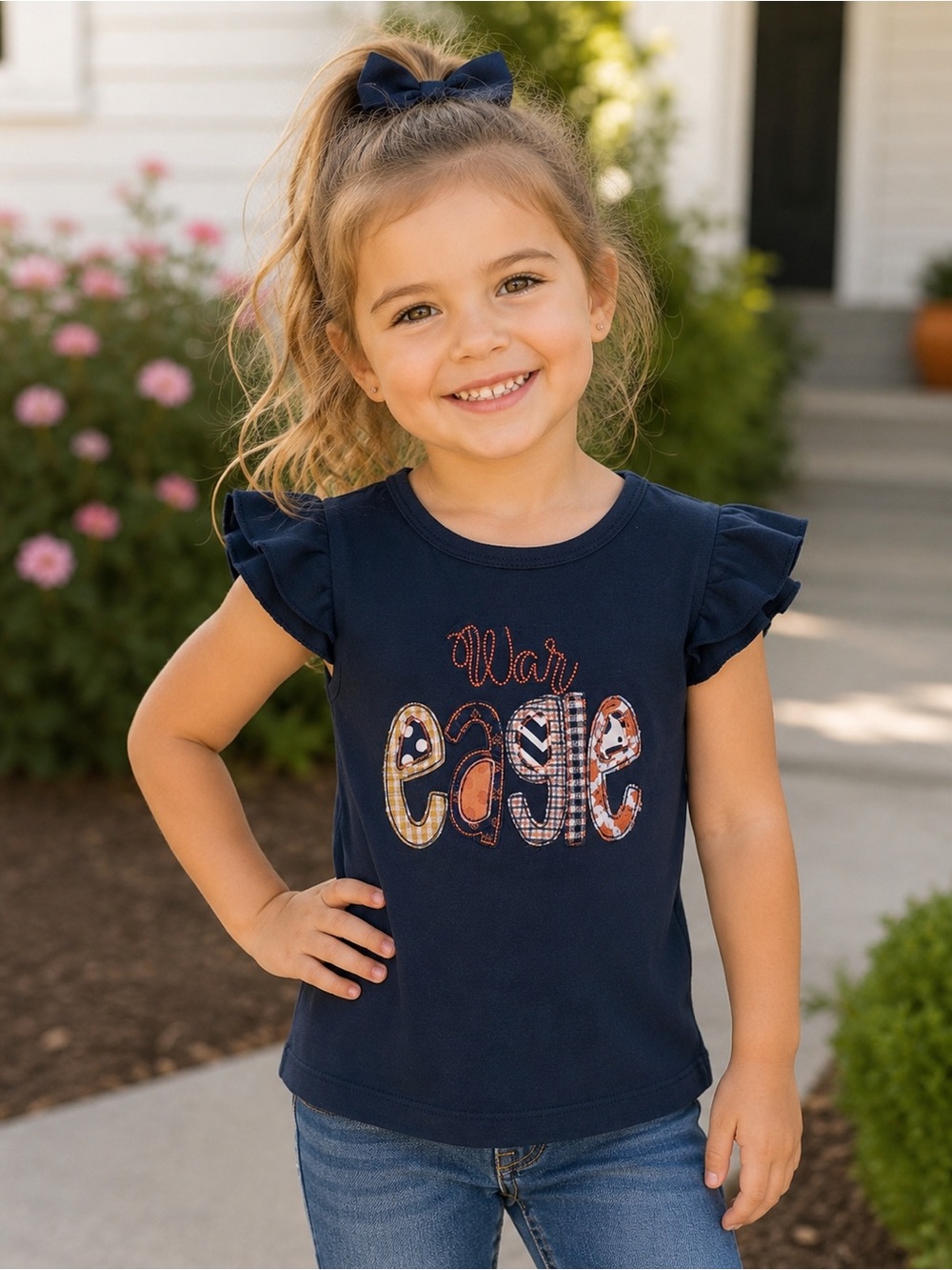 Girls Navy 'War Eagle' Ruffle Sleeve Tank Top -